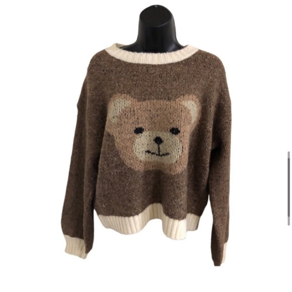Luna Ivy brown teddy bear cream ribbed neckline long sleeve‎ sweater size small